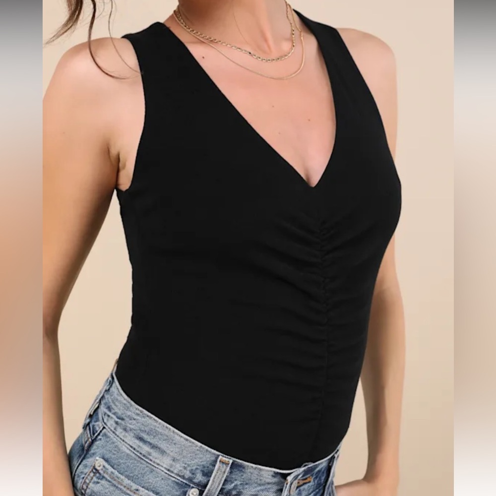 Lulu's Black Ruched Sleeveless Bodysuit